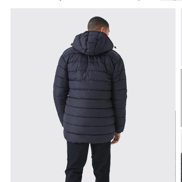 BoohooMAN Quilted Longline Puffer with Hood - Picture 2 of 4